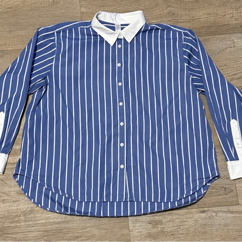 SPANX Women’s Blue and White Striped Button Down Shirt